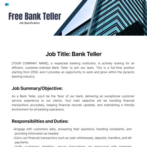 Bank Teller Job Specification