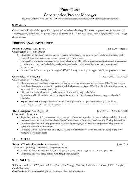 Construction Project Manager Resume