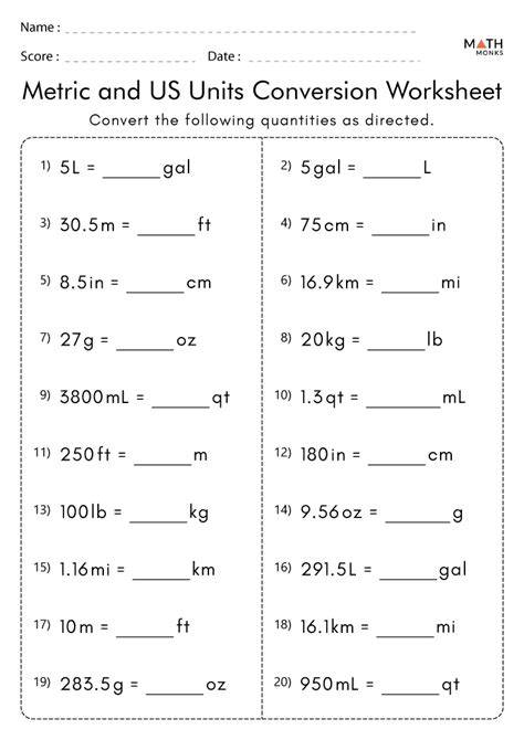 Conversion Of Units Worksheets