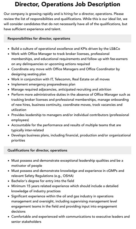 Director Of Operations Job Description