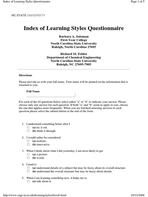 Index Of Learning Styles Questionnaire