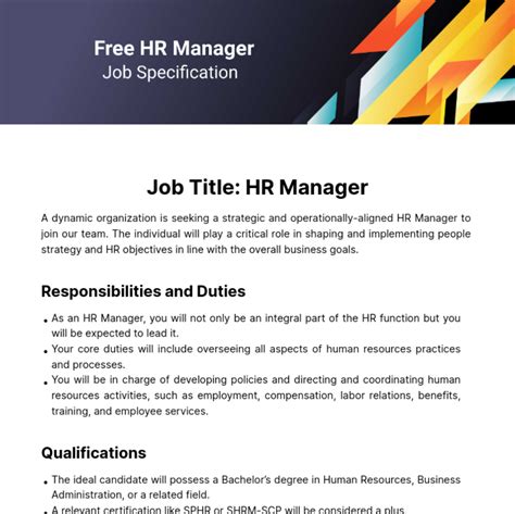 Job Specification Of Hr Manager