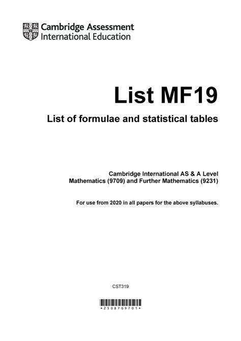 List Of Formulae Mf19