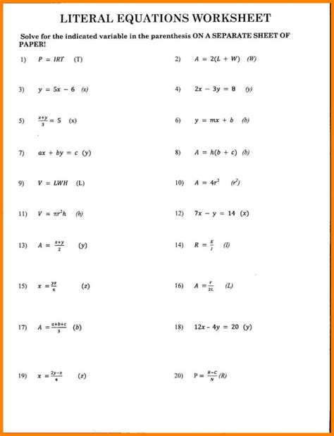 Literal Equations Worksheet Answers