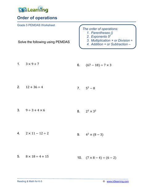 Order Of Operations Worksheet Grade 5