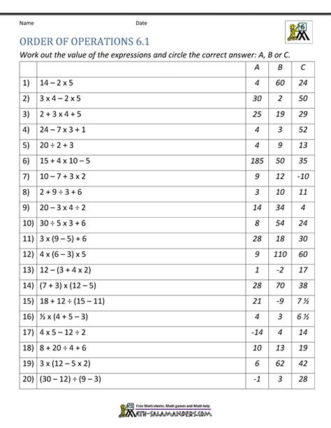 Order Of Operations Worksheet Grade 6
