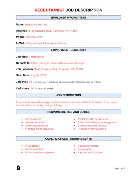 Receptionist Work Description