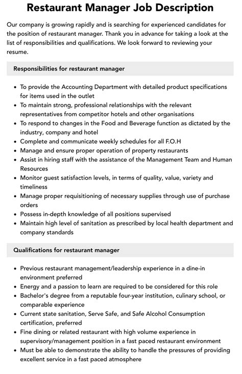 Restaurant Manager Job Description
