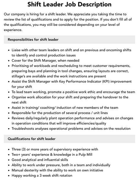 Shift Leader Job Description