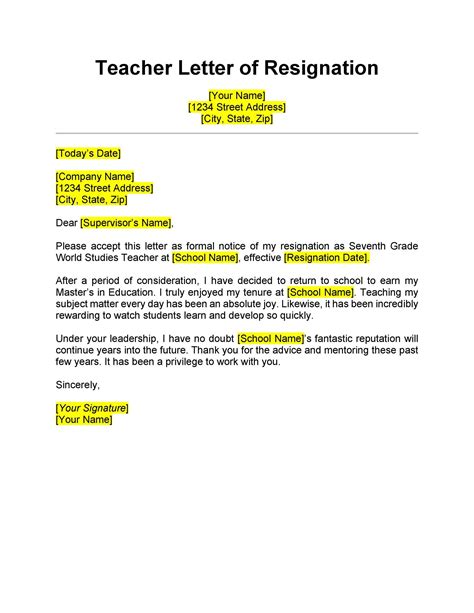 Teacher Resignation Letter